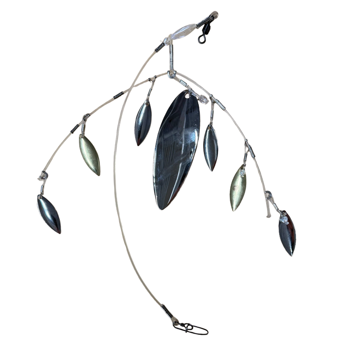 Performance Fishing Innovations Mule Beef Rig featuring multiple polished metal blades of varying sizes and shapes connected by flexible wire arms designed for musky fishing tackle.