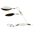 Performance Fishing Innovations Tandem Spin fishing tackle featuring two metal spinner blades in silver and bronze tones attached to a white plastic body with swivel and snap components.
