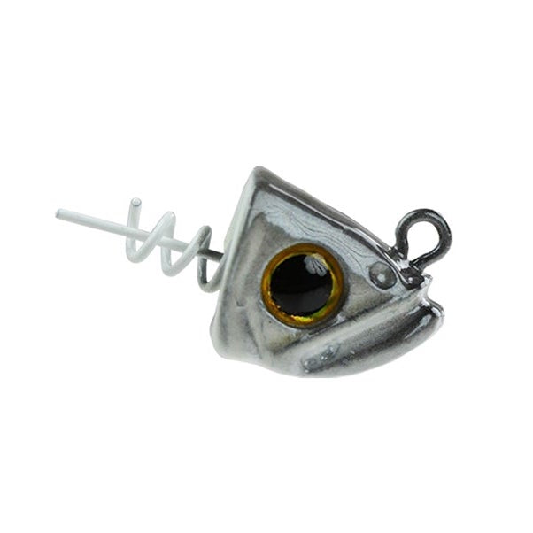 Picasso Lures Smart Mouth Dummy Head Jig in metallic silver with a realistic yellow and black eye, featuring a spiral screw attachment for fishing tackle use.