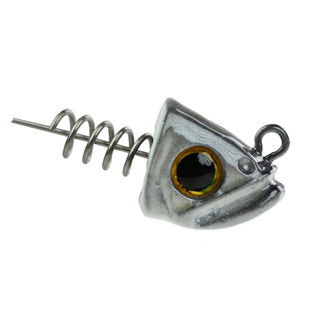Close-up of a silver Picasso Lures Smart Mouth Dummy Head Jig with a spiral wire shank and a realistic large fish eye designed for fishing tackle and lure applications.