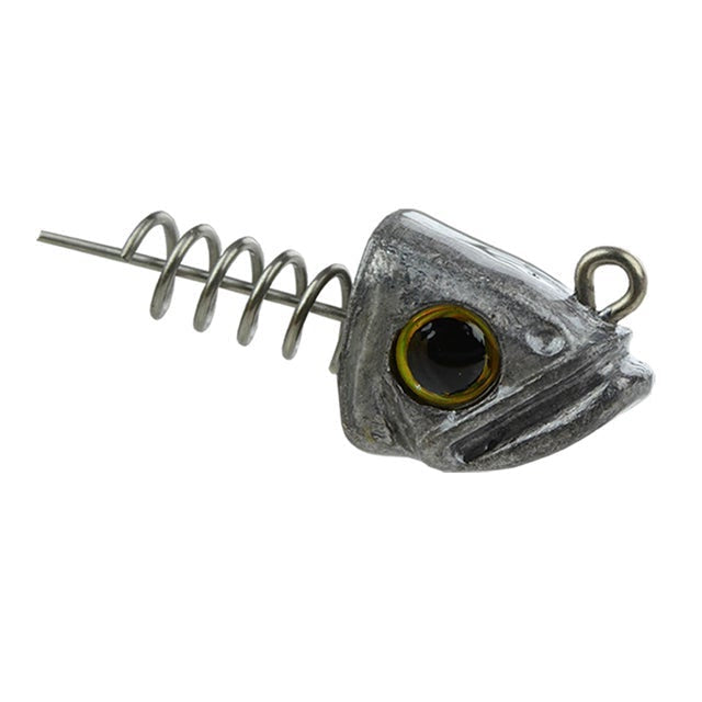 Picasso Lures Smart Mouth Dummy Head Jig featuring a silver fish-shaped head with a detailed yellow eye and a spiral wire attachment for fishing tackle use.