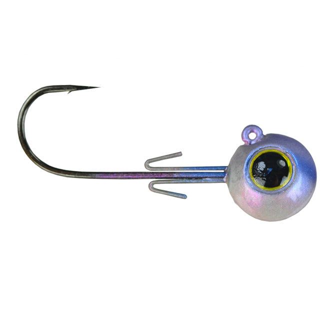 Picasso Lures Speed Drop Jig Head featuring a sharp curved hook with a metallic, iridescent round head designed to resemble an eye, ideal for fishing tackle use.