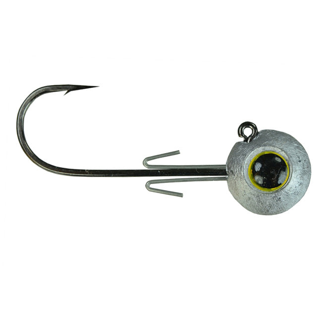 Picasso Lures Speed Drop Jig Head featuring a metallic round weighted head with a painted eye design, sharp hook, and wire barb for secure fishing lure attachment.