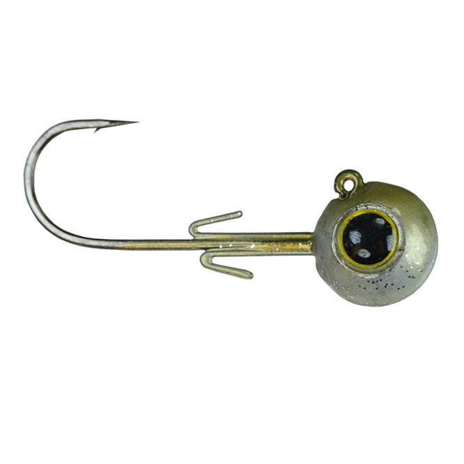 Picasso Lures Speed Drop Jig Head featuring a round metallic head with a realistic eye design and a sharp single hook, designed for fishing tackle.