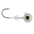 Picasso Lures Speed Drop Jig Head featuring a single sharp hook and a white, round jig head with a detailed black and yellow eye, designed for fishing tackle use.