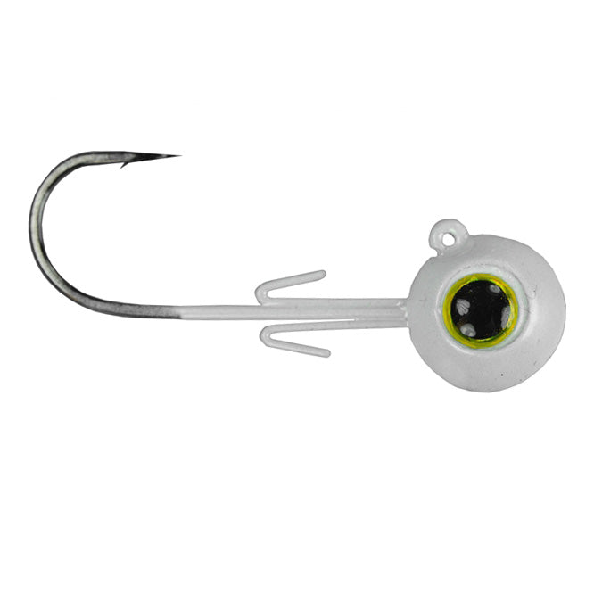 Picasso Lures Speed Drop Jig Head featuring a single sharp hook and a white, round jig head with a detailed black and yellow eye, designed for fishing tackle use.