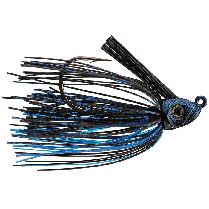 Picasso Lures Swim Jig featuring a detailed fish head design with black and blue skirt strands and a sharp hook, ideal for fishing tackle enthusiasts.