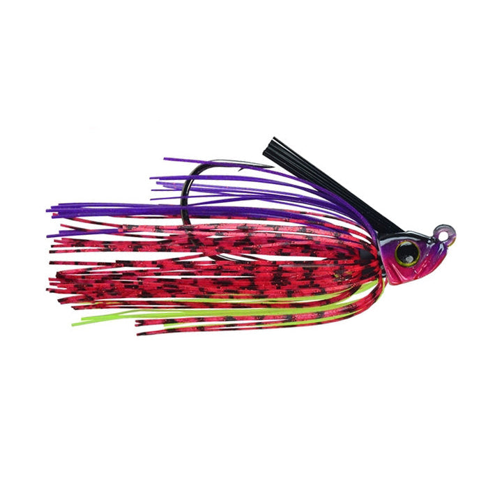 Picasso Lures Swim Jig with a detailed purple, red, and green skirt, designed as a fishing lure for freshwater fishing tackle and musky fishing.