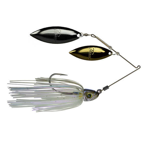 Picasso Lures Titanium Pro High-Performance Double Willow Spinnerbait with two metallic blades, a fish-shaped head, and white and silver skirt designed for effective fishing lure action.
