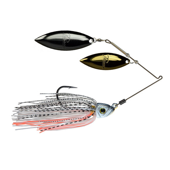 Picasso Lures Titanium Pro High-Performance Double Willow Spinnerbait with black and gold blades, detailed fish head, and multi-colored skirt designed for musky fishing tackle.