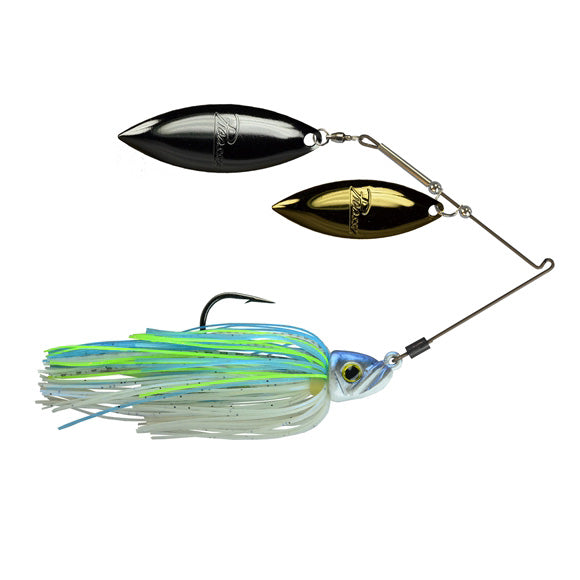 Picasso Lures Titanium Pro High-Performance Double Willow Spinnerbait with metallic black and gold blades and a blue, green, and white skirt designed for fishing tackle use.