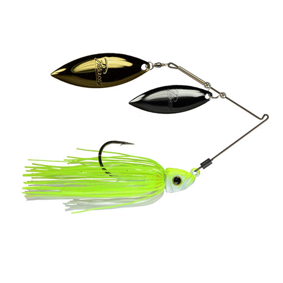 Picasso Lures Titanium Pro High-Performance Double Willow Spinnerbait featuring two metallic spinning blades and a bright green skirt with a single sharp hook, designed for effective fishing lure performance.