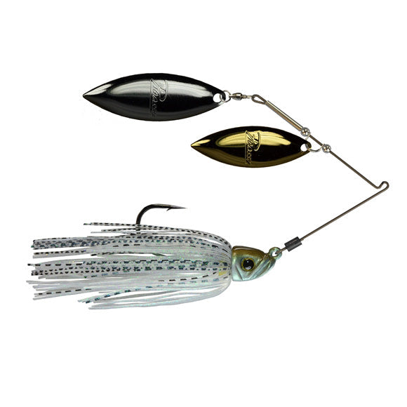 Picasso Lures Titanium Pro High-Performance Double Willow Spinnerbait with dual metallic blades, sharp hook, and patterned silicone skirt designed for fishing tackle enthusiasts.