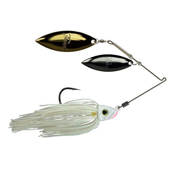 Picasso Lures Titanium Pro High-Performance Double Willow Spinnerbait with two metallic willow blades, white skirt, and sharp single hook designed for musky and other freshwater fishing.