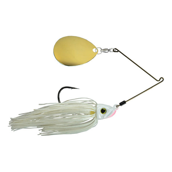 Picasso Lures Titanium Pro High-Performance Single Colorado Spinnerbait featuring a white pearl skirt, a gold Colorado blade, and a sharp single hook designed for effective fishing tackle use.