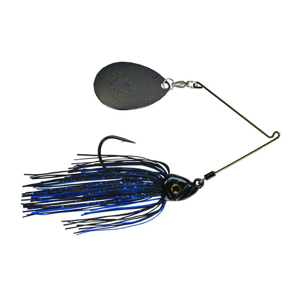 Picasso Lures Titanium Pro High-Performance Single Colorado Spinnerbait featuring a black and blue skirt, single sharp hook, and a titanium wire frame with a black Colorado blade for fishing tackle.