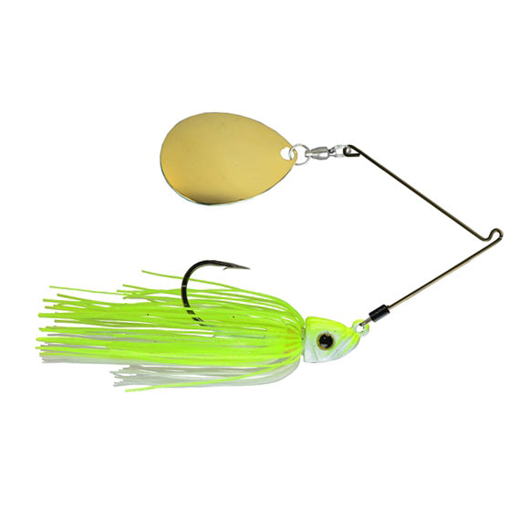Picasso Lures Titanium Pro High-Performance Single Colorado Spinnerbait with a gold-colored blade, chartreuse skirt, and a realistic fish head designed for effective fishing tackle use.