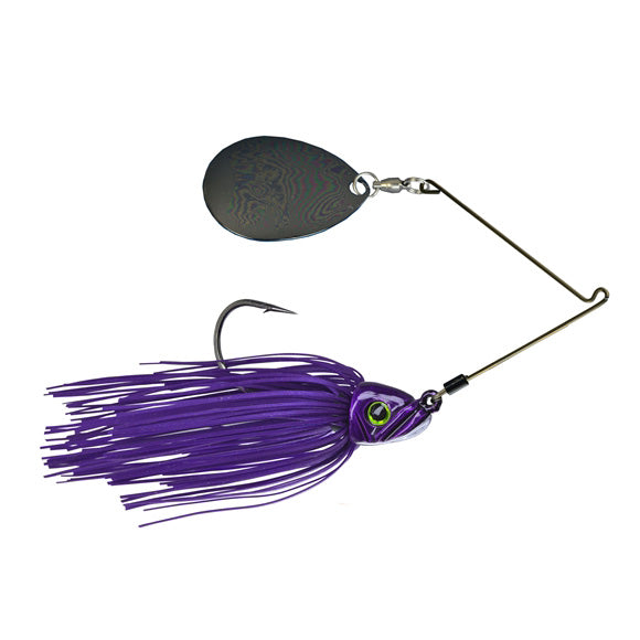 Picasso Lures Titanium Pro High-Performance Single Colorado Spinnerbait with purple skirt, realistic eye detail, sharp single hook, and durable metallic spinner blade for fishing tackle use.