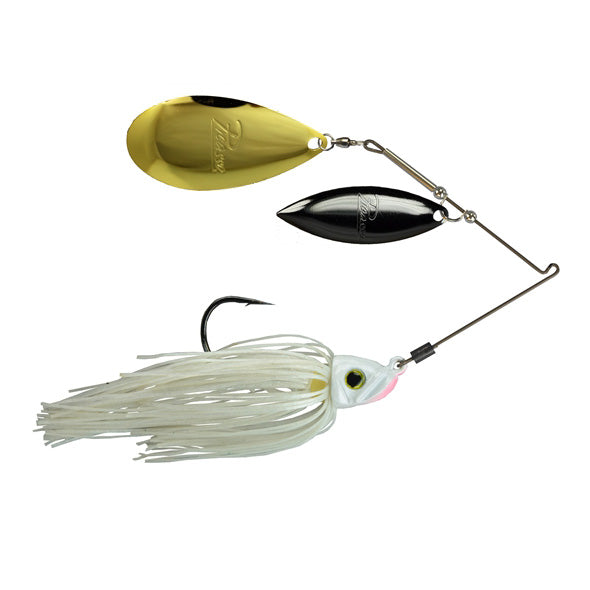 Picasso Lures Titanium Pro High-Performance Willow Indiana Spinnerbait with white skirt, weighted head featuring an eye design, and two metal blades in gold and black for fishing tackle.