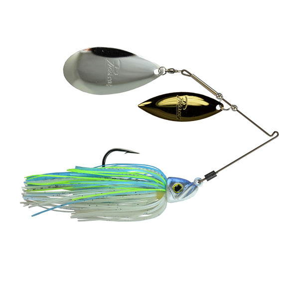 Picasso Lures Titanium Pro High-Performance Willow Indiana Spinnerbait featuring silver and gold willow blades with a blue, green, and white skirted body for fishing tackle enthusiasts.