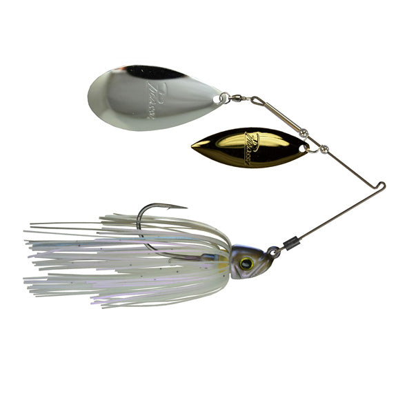 Picasso Lures Titanium Pro High-Performance Willow Indiana Spinnerbait with dual metallic blades and white skirted body designed for effective fishing tackle and musky lure presentations.