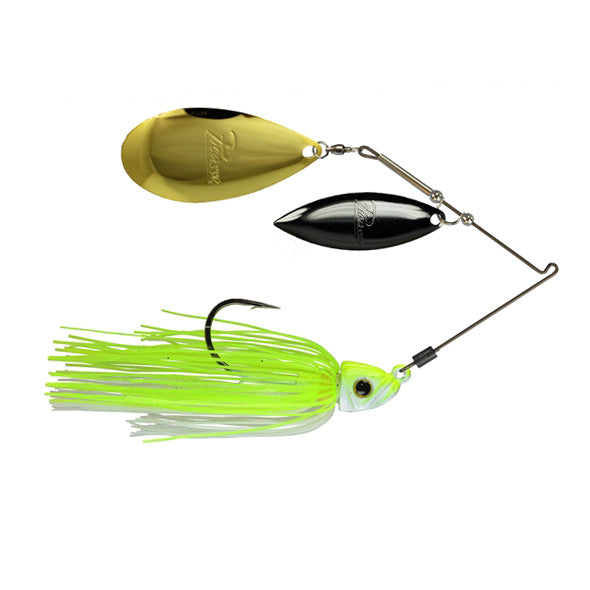 Picasso Lures Titanium Pro High-Performance Willow Indiana Spinnerbait with gold and black blades, chartreuse skirt, and sharp hook designed for effective fishing tackle use.