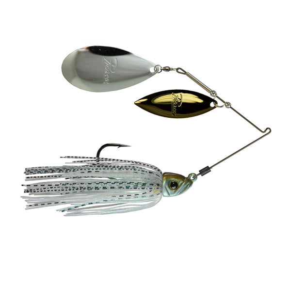 Picasso Lures Titanium Pro High-Performance Willow Indiana Spinnerbait with dual silver and gold blades, lifelike fishhead, and white and silver patterned skirt for fishing tackle use.