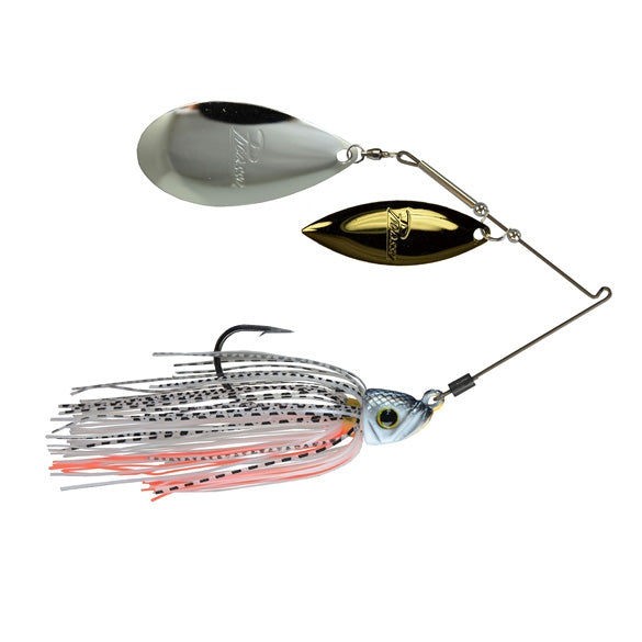 Picasso Lures Titanium Pro High-Performance Willow Indiana Spinnerbait with dual silver and gold blades, blue and silver fish head, and multi-colored skirt for fishing tackle enthusiasts.