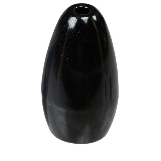 Close-up of a smooth, black, tapered fishing weight with a central hole, identified as Picasso Lures Tungsten Flipping Weights designed for precise fishing tackle use.