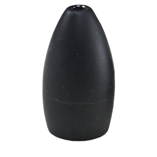 Close-up of a matte black, tapered fishing weight designed for precise casting and control, identified as Picasso Lures Tungsten Flipping Weights, used in fishing tackle setups.