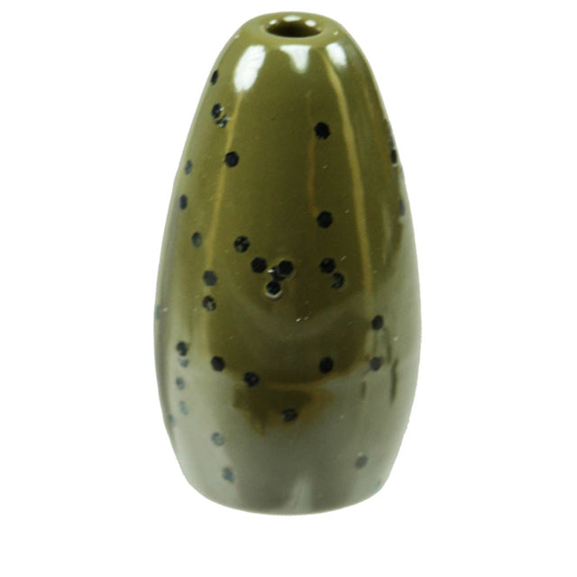 Olive green weighted fishing lure with black speckles, designed for use with Picasso Lures Tungsten Flipping Weights in fishing tackle and musky fishing gear.