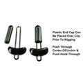 Picasso Urchinator™ Hanger Weight shown in black with a plastic end cap, designed for musky fishing tackle, displaying clip and rigging instructions for effective use.