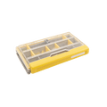 Plano EDGE 3500 Box fishing tackle organizer with a clear lid and yellow accents, featuring multiple compartments for storing fishing lures and accessories.