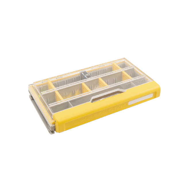 Plano EDGE 3500 Box fishing tackle organizer with a clear lid and yellow accents, featuring multiple compartments for storing fishing lures and accessories.