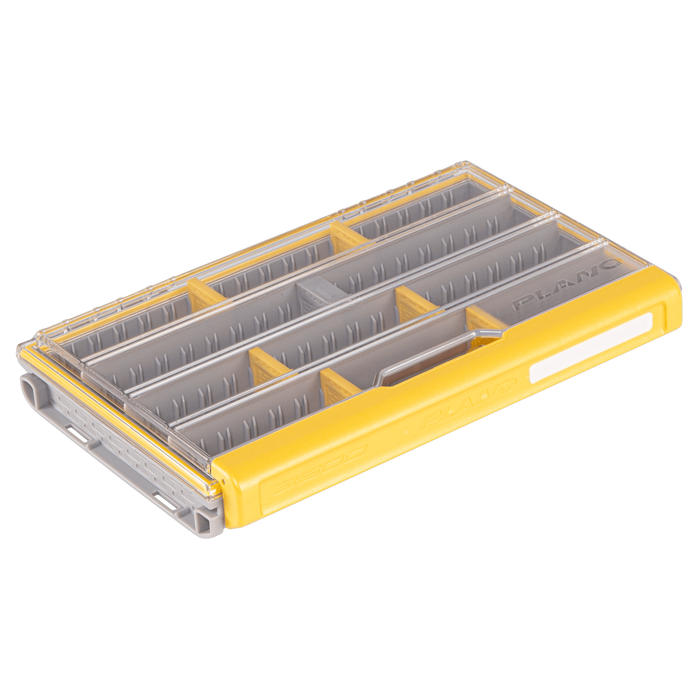 Plano EDGE 3600 Box is a durable fishing tackle organizer with clear lid and yellow accents, featuring adjustable compartments for lures and small fishing gear storage.