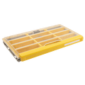 Plano EDGE 3600 Flex fishing tackle box with multiple adjustable compartments, clear lid, and yellow accents, designed for organized fishing tackle storage.