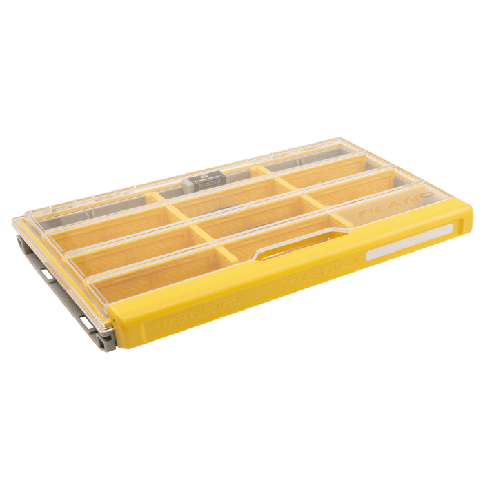 Plano EDGE 3600 Flex fishing tackle box with multiple adjustable compartments, clear lid, and yellow accents, designed for organized fishing tackle storage.