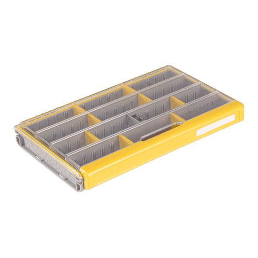 Plano EDGE 3700 Box shown open with multiple adjustable compartments in gray and yellow, designed for organized fishing tackle storage.