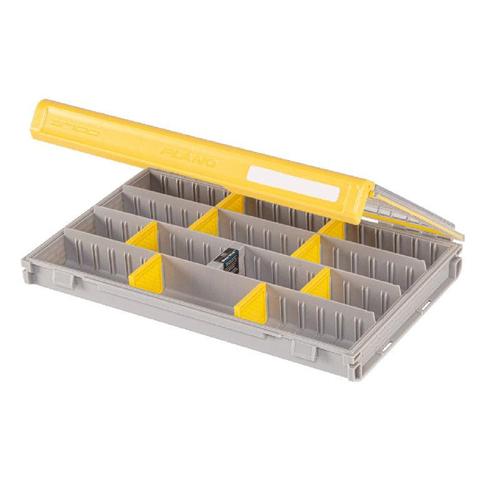 Plano EDGE 3700 Box open showing multiple adjustable compartments in gray and yellow plastic, designed for organizing fishing tackle and accessories.