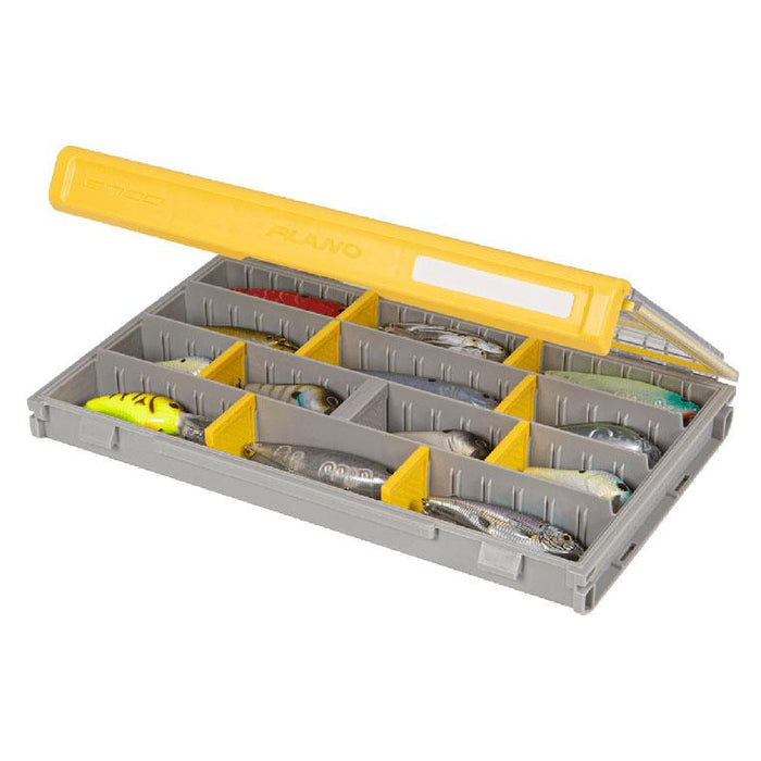 Plano EDGE 3700 Box open to show organized fishing lures inside, featuring a gray base with yellow dividers and a translucent yellow lid for secure tackle management.