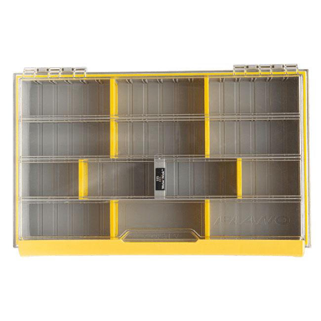 Plano EDGE 3700 Box featuring multiple adjustable compartments with a clear lid and yellow base for organized fishing tackle storage.