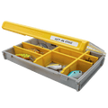 Plano EDGE 3700 Flex fishing tackle box with yellow lid and multiple compartments containing various fishing lures, designed for organized storage of fishing gear.