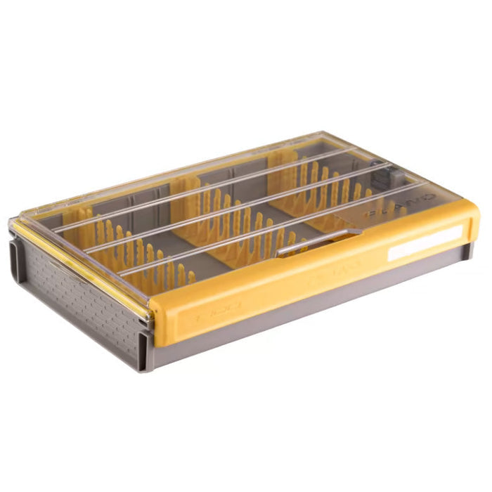 Plano EDGE 3700 Spinnerbait Box with a clear lid and yellow divider compartments designed for organizing fishing lures and tackle efficiently.