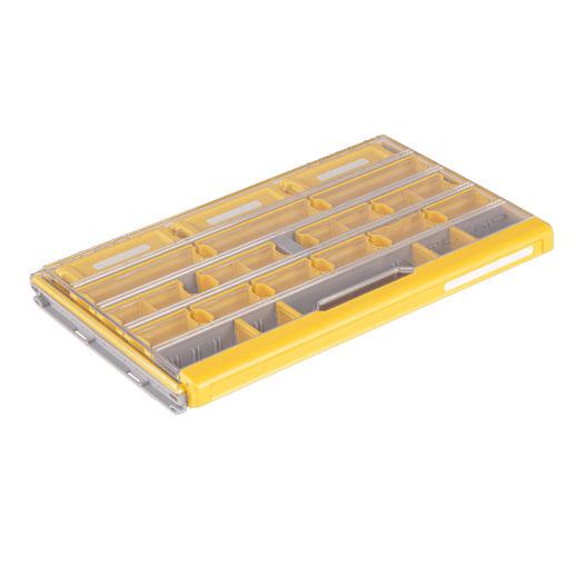 Plano EDGE 3700 Terminal Box with a clear plastic lid and yellow frame, featuring multiple adjustable compartments designed for organized fishing tackle storage.