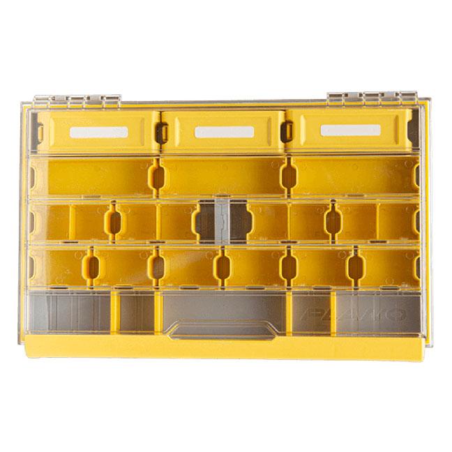 Plano EDGE 3700 Terminal Box in yellow with clear lid, featuring multiple customizable compartments for organized fishing tackle storage and easy access.