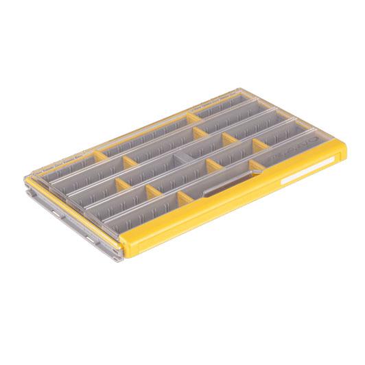 Plano EDGE 3700 Thin Box fishing tackle organizer with multiple adjustable compartments and a clear lid, designed for efficient storage of fishing lures and accessories.