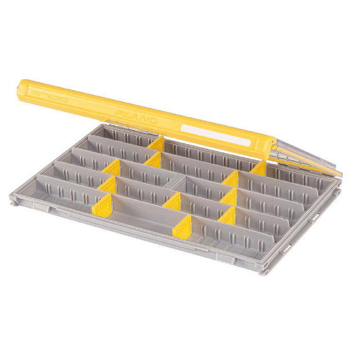 Plano EDGE 3700 Thin Box open showing multiple adjustable compartments in gray with yellow dividers and a yellow latch, designed for organized fishing tackle storage.