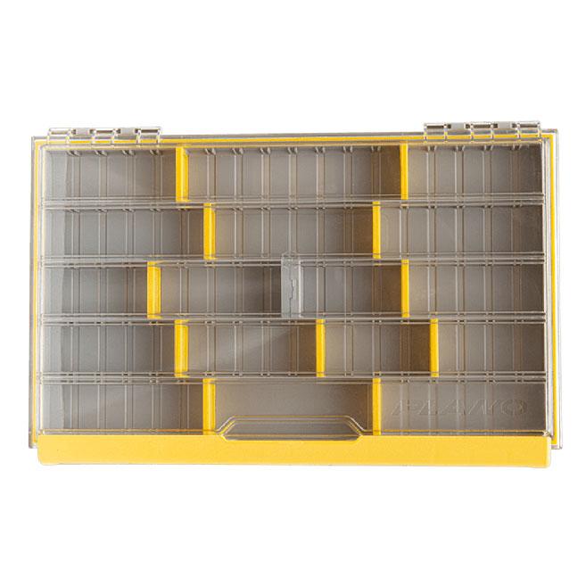 Plano EDGE 3700 Thin Box fishing tackle storage with multiple adjustable clear compartments and a sturdy yellow base for organizing lures and small fishing accessories.