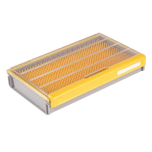 Plano EDGE Flex 3700 Medium Crank Box with clear top and yellow foam interior designed for organized storage of fishing lures and tackle in a durable compact case.