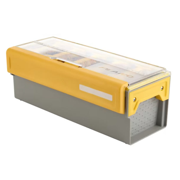 Plano EDGE Frog Box in yellow and gray with a clear hinged lid, designed for organizing and storing fishing tackle and lures.